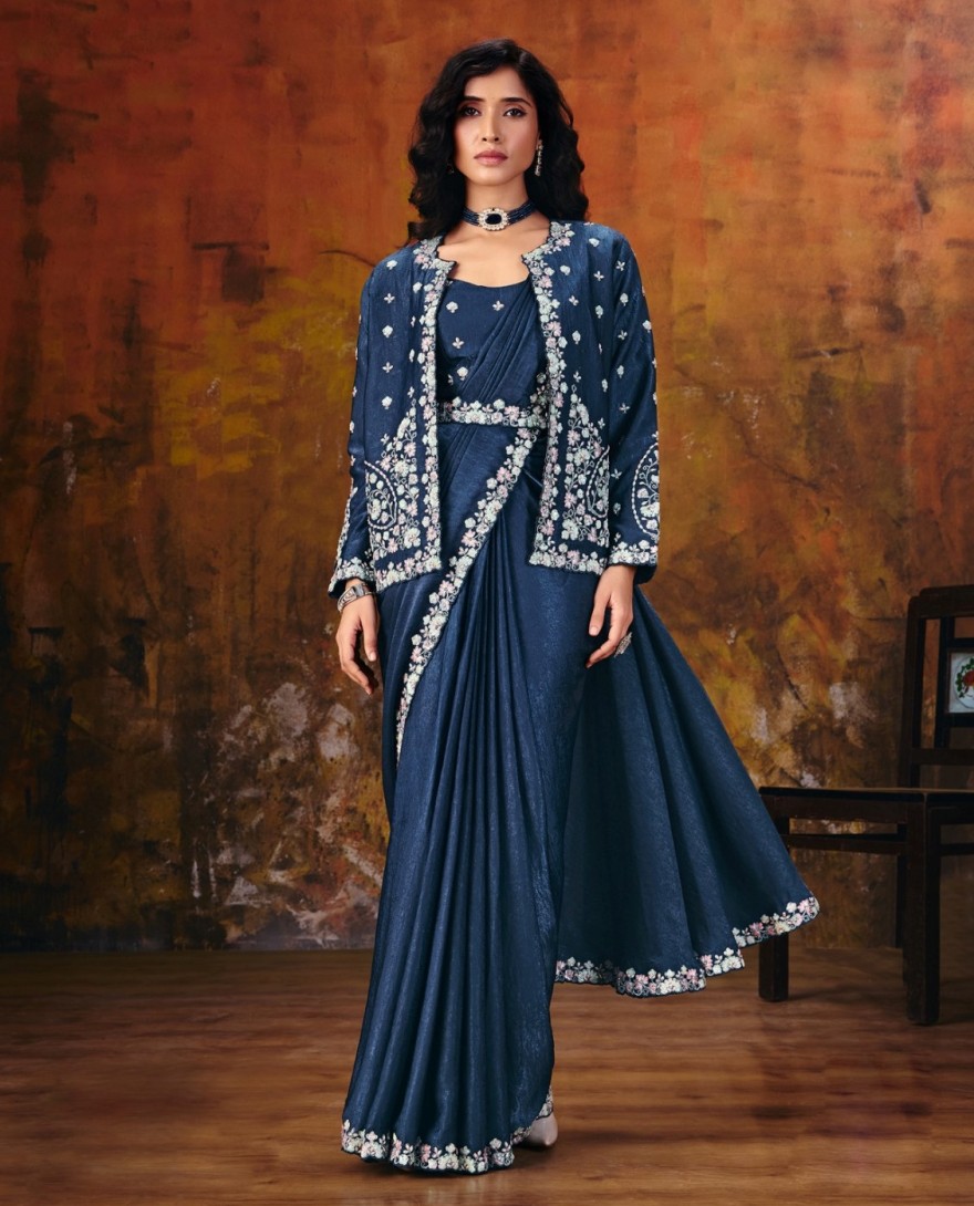 27106 - Dark Blue Embroidered Wedding Party Designer Saree